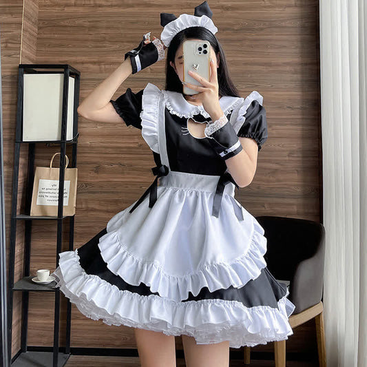 Lolita Doll Collar Kitty Hollow Out Ruffled Maid Dress Modakawa