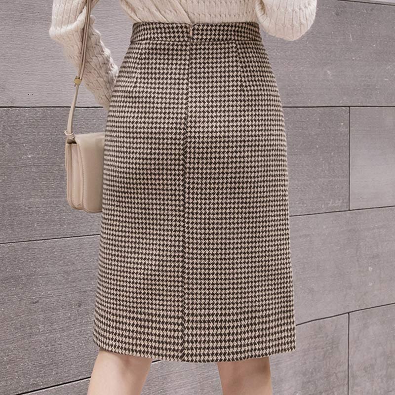 Chic Lattice Print Pocket Split Skirt Modakawa