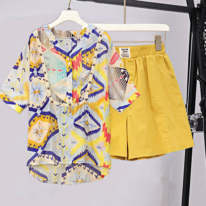 Colorblock Print V-neck T-Shirt Elastic Yellow Shorts Set modakawa