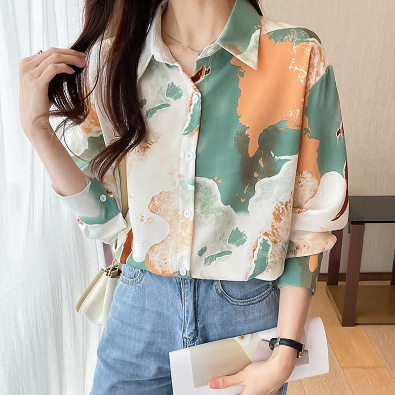 Sweet Colorblock Abstract Print Shirt Workwear modakawa