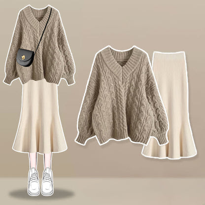 V-neck Cable Sweater Fishtail Skirt Set modakawa