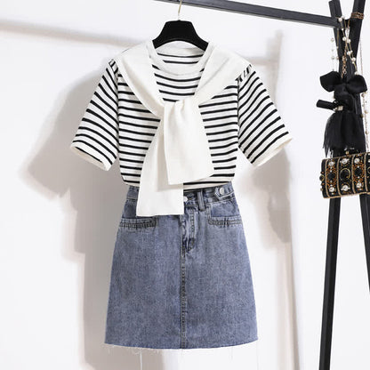 Chic Stripe Round Collar T-Shirt Denim Skirt modakawa