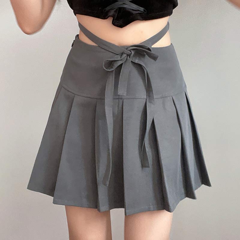 High Waist Lace Up Bow Pleated Skirt modakawa