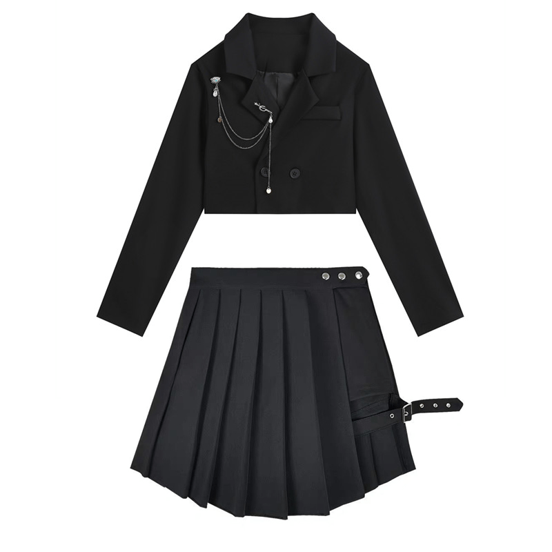 Black Gothic Chain Crop Blazer Hollow Buckle Pleated Skirt modakawa