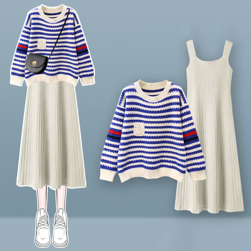 Stripe Colorblock Knit Sweater Slip Dress Set modakawa