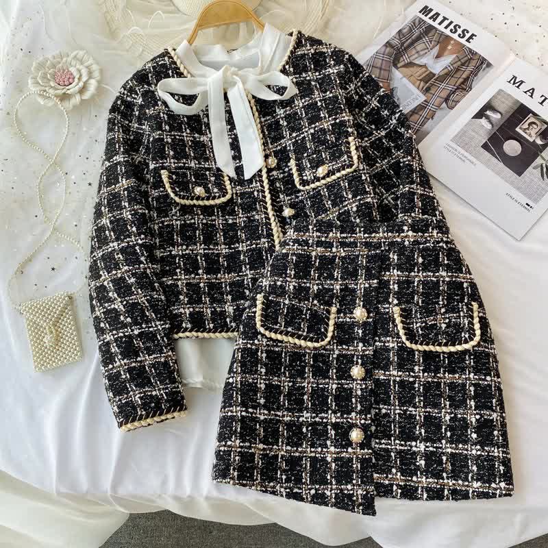 Chic Plaid Print Jacket Shirt High Waist Skirt Set modakawa