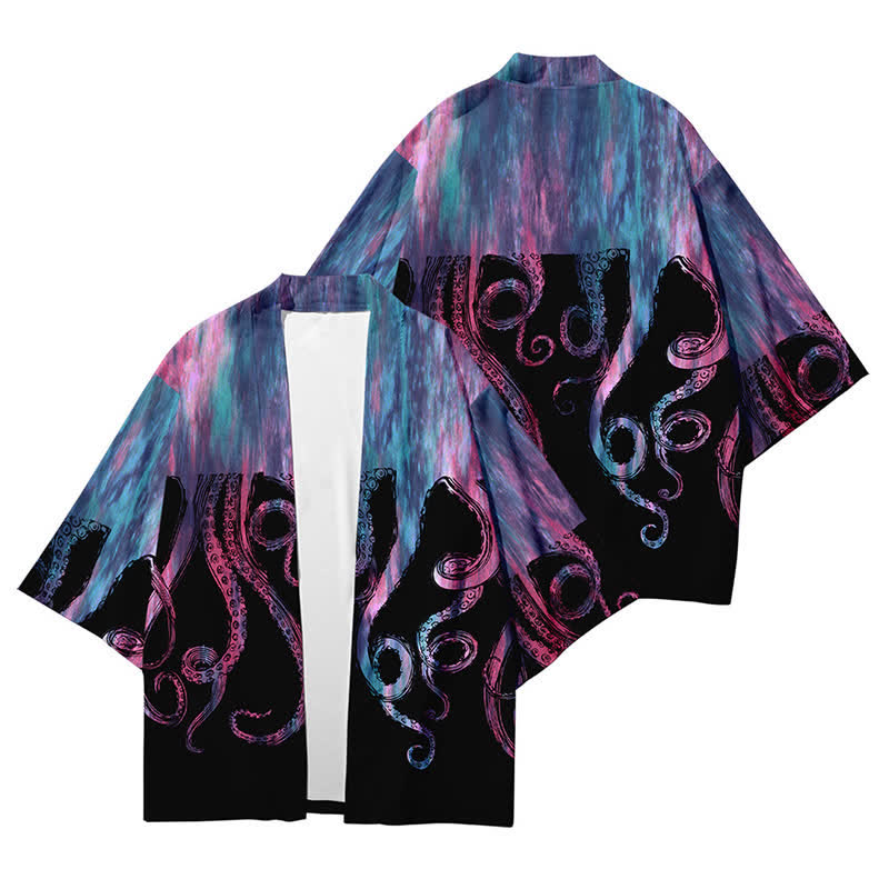 Colorblock Octopus Print Cardigan Kimono Outerwear modakawa