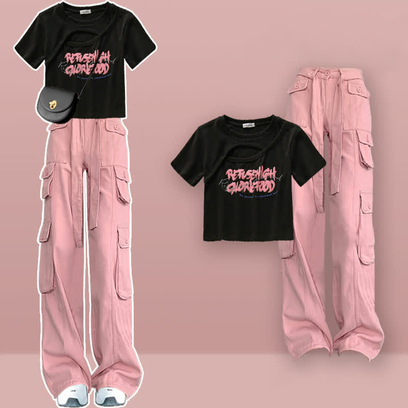 Pink Love Heart Print Crop Top T-Shirt Pink Cargo Pants modakawa