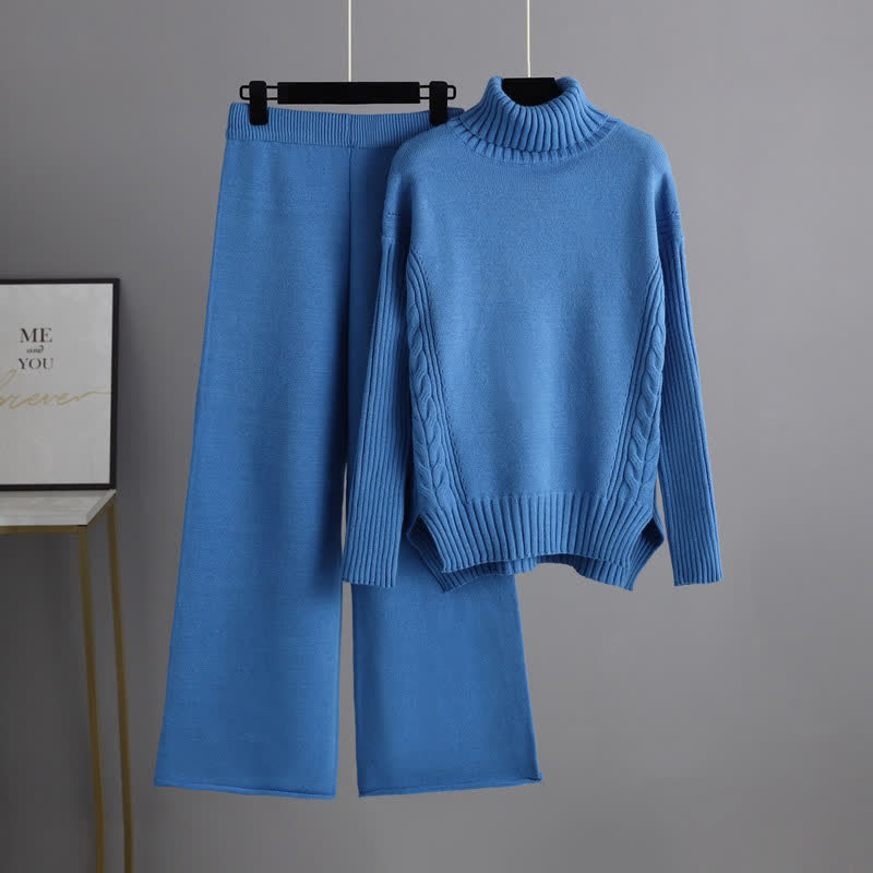 Pure Color Turtleneck Cable Sweater Wide Leg Pants Set modakawa