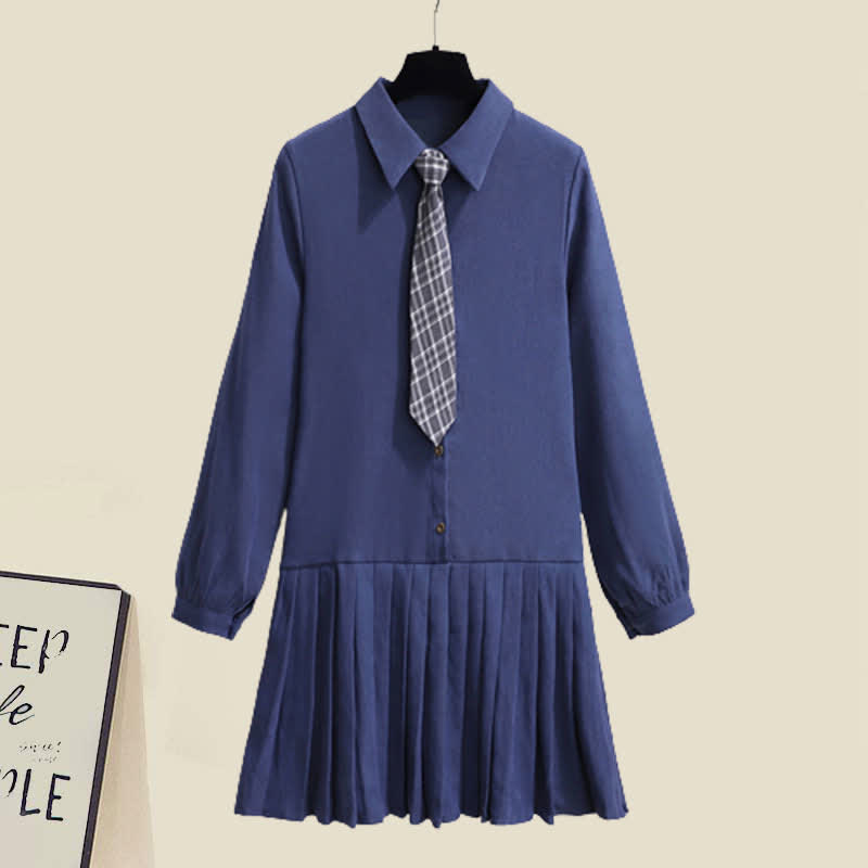 Chic Knit Vest Lapel Tie Pleated Shirt Dress Set modakawa