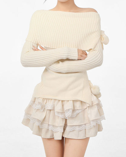 White Knit Shoulder Sweater SpreePicky