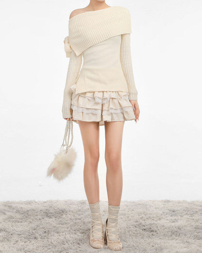 White Knit Shoulder Sweater SpreePicky