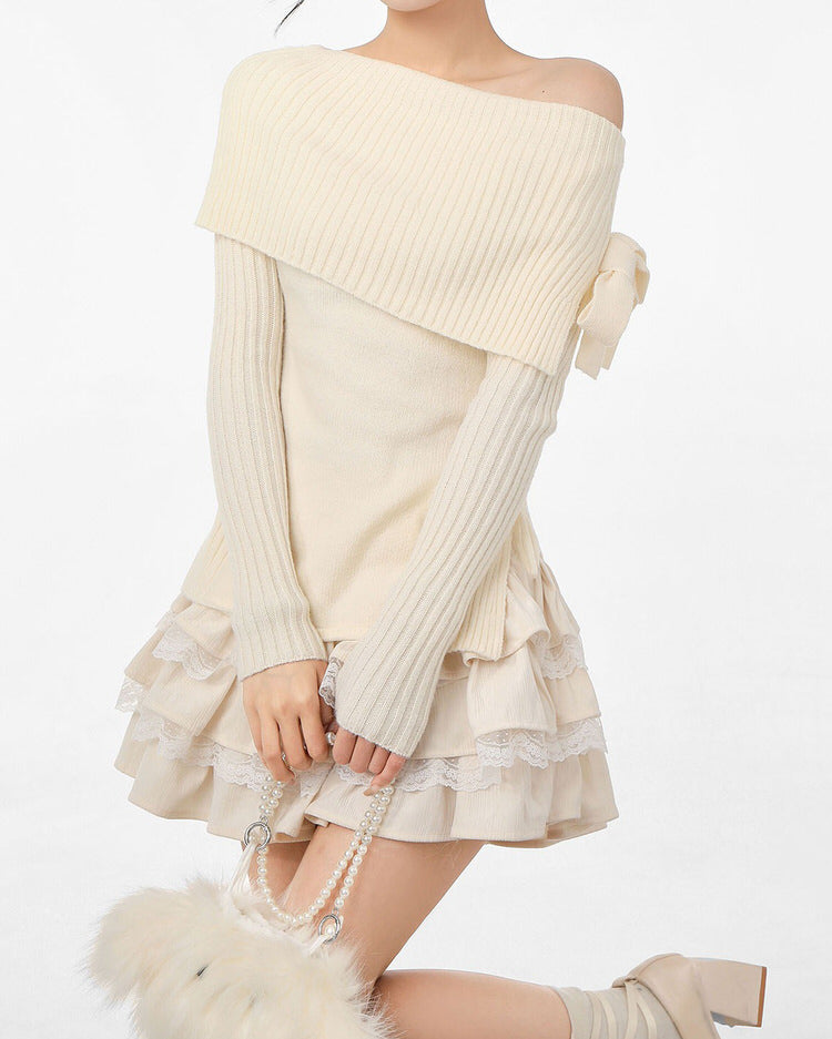 White Knit Shoulder Sweater SpreePicky