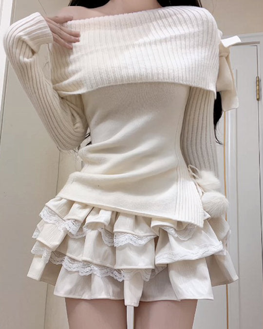 White Knit Shoulder Sweater SpreePicky