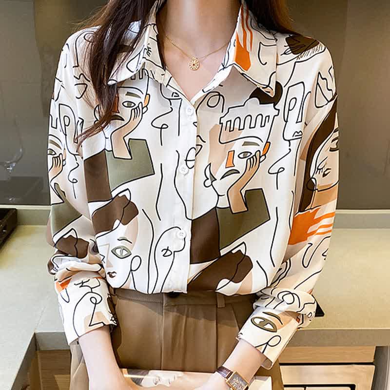 Color Abstract Graffiti Print Chiffon Shirt modakawa