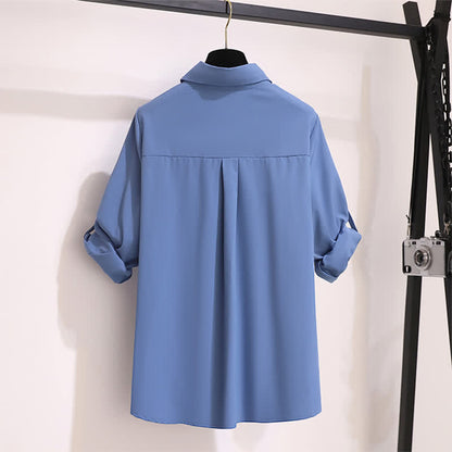 Blue Lapel Chiffon Shirt Flared Split Pants modakawa