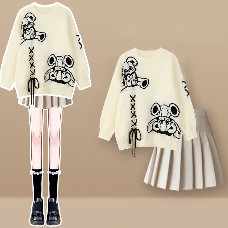 Cartoon Bear Lace Up Sweater Pleated Skirt Set modakawa