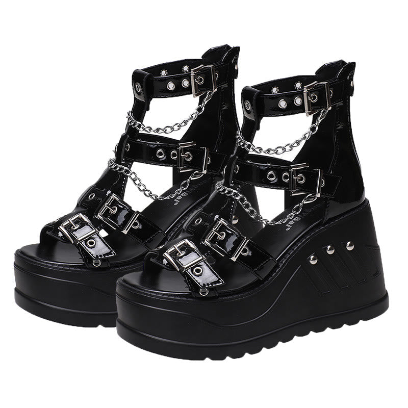 Y2K Black Open Toe Wedge Heel Sandals modakawa