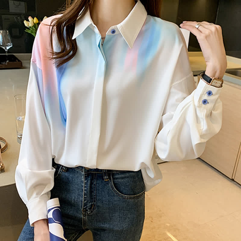 Colorblock Gradient Print Lapel Shirt modakawa