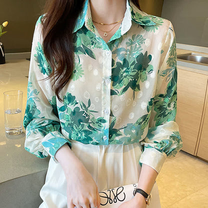 Green Floral Print Puff Sleeve Chiffon Shirt modakawa