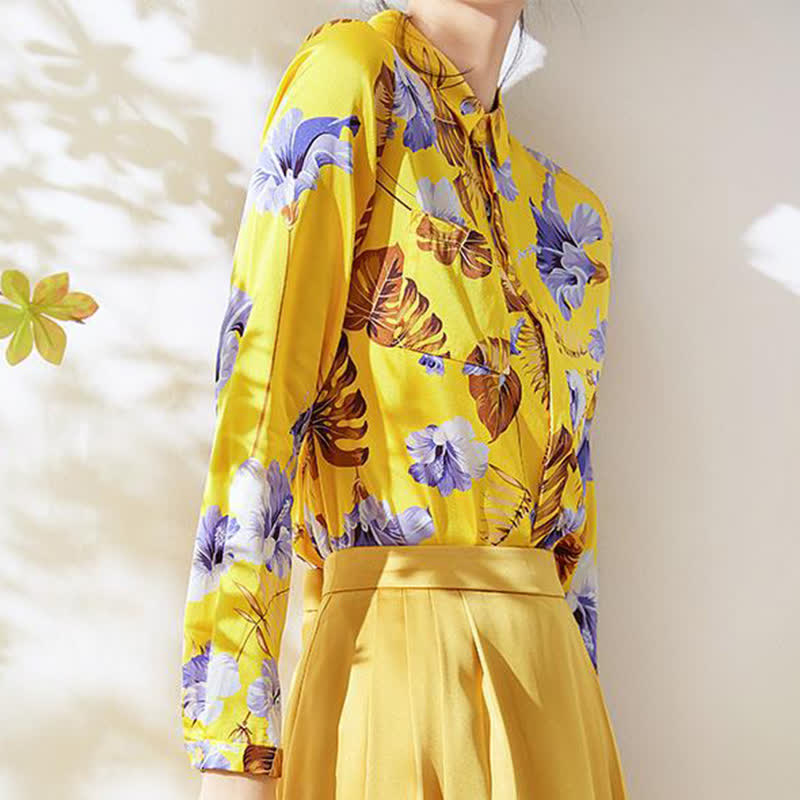 Yellow Flowers Printed Long Sleeve Shirt modakawa