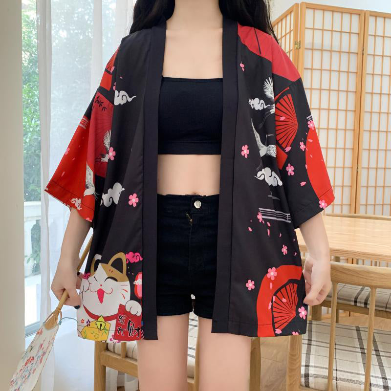 Red Anime Lucky Cat Cardigan Kimono Outerwear modakawa