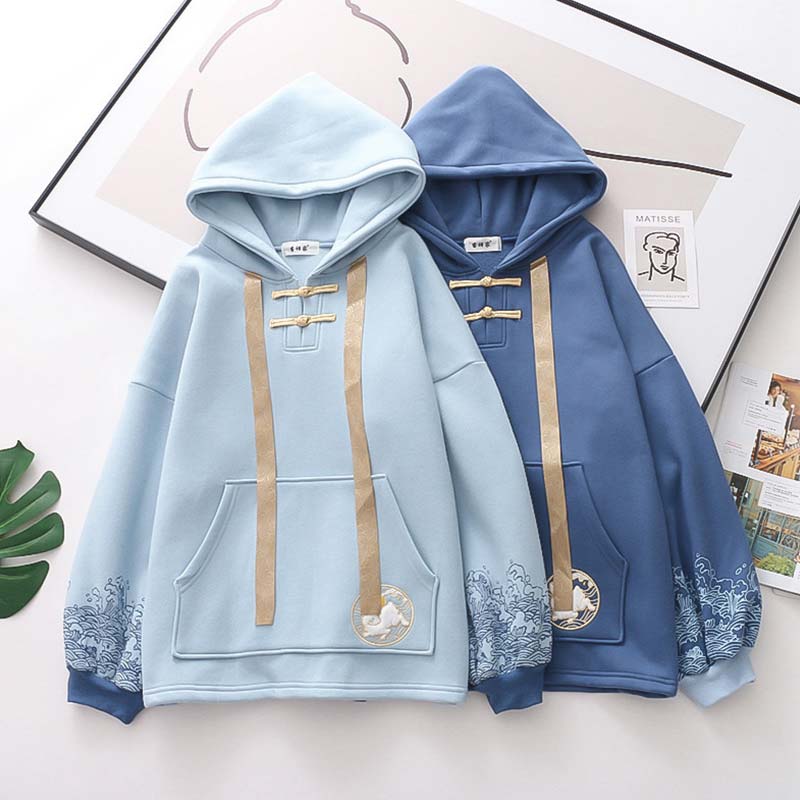 Casual Rabbit Embroidery Wave Print Hoodie modakawa