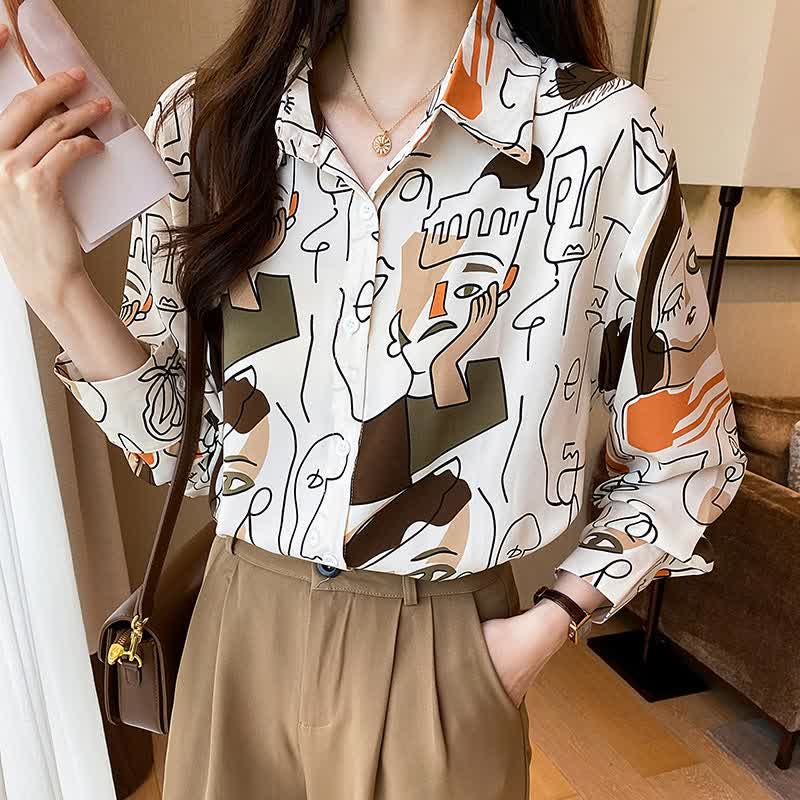 Color Abstract Graffiti Print Chiffon Shirt modakawa