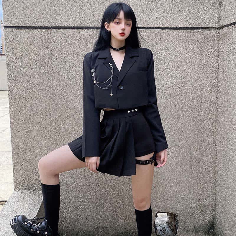 Black Gothic Chain Crop Blazer Hollow Buckle Pleated Skirt modakawa