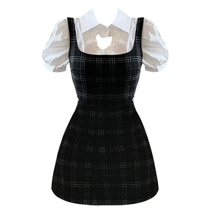 Love Heart Hollow Out T-Shirt Lace Up Plaid Dress Set Modakawa