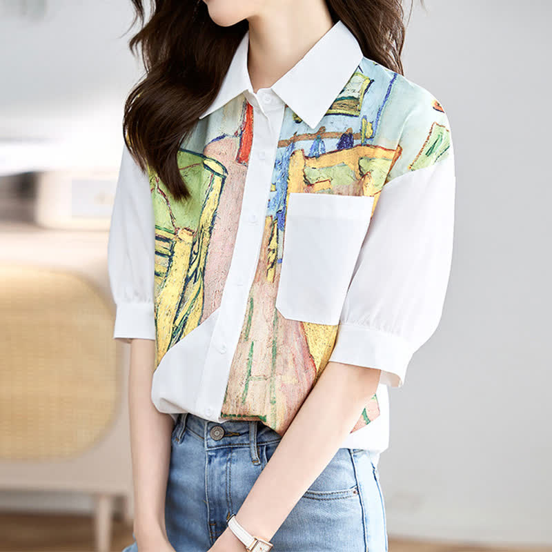 Colorblock Painting Print Pocket Lapel Shirt modakawa