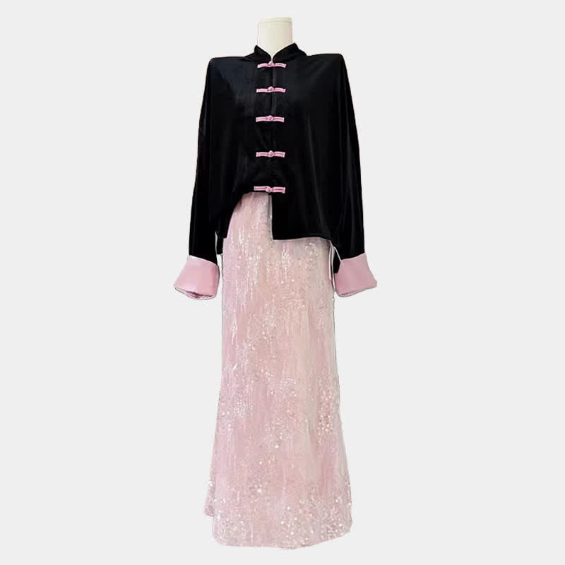 Enchanting Buckle Shirt Sequin Decor Pink Fishtail Skirt Modakawa