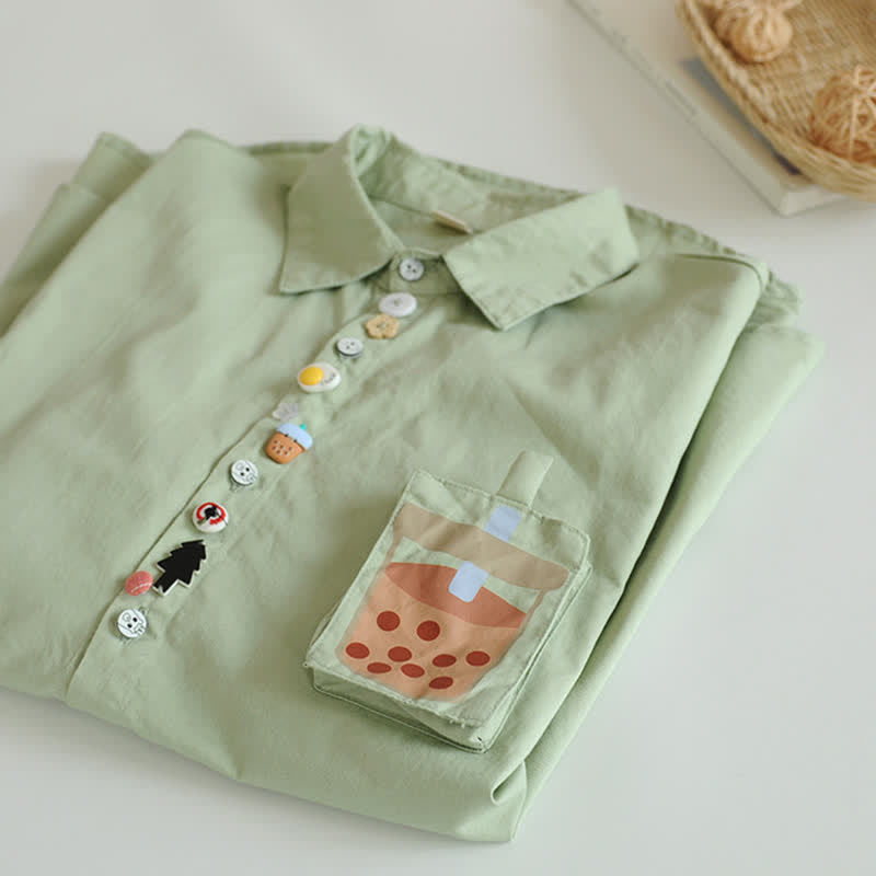 Cartoon Button Milk Tea Print Pocket Lapel Shirt modakawa