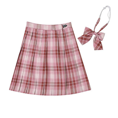 Plaid Print Pleated Skirt Bow Tie Set Modakawa