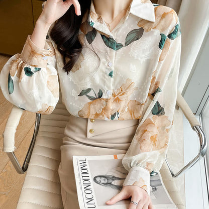 Sweet Floral Puff Sleeve Lapel Chiffon Shirt modakawa