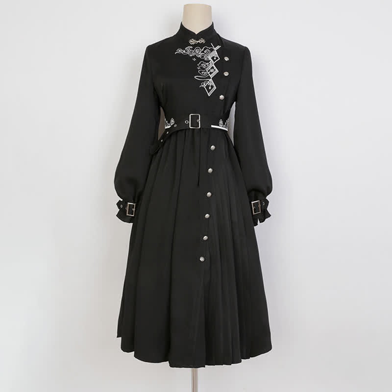 Elegant Black Vintage Embroidery Belted Pleated Dress modakawa