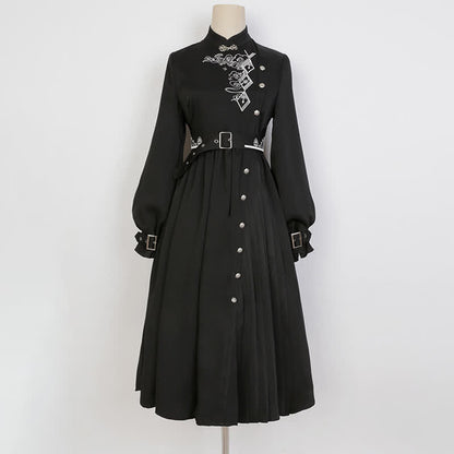 Elegant Black Vintage Embroidery Belted Pleated Dress modakawa