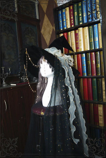 Halloween Dark Fancy Shiny Veil and Stars Chain Witch Hat mySite