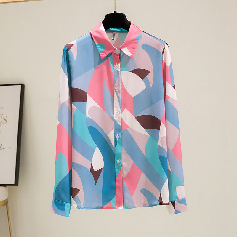 Chic Colorblock Long Sleeve Lapel Shirt modakawa