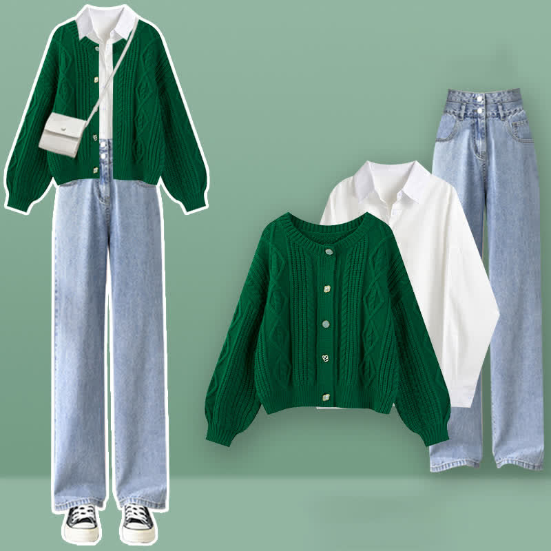 Cable Green Cardigan Sweater Lapel Shirt Denim Pants Set modakawa