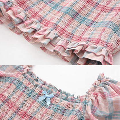 Sweet Pink Plaid Puff Sleeve Top T-Shirt Split Wide-leg Pants modakawa