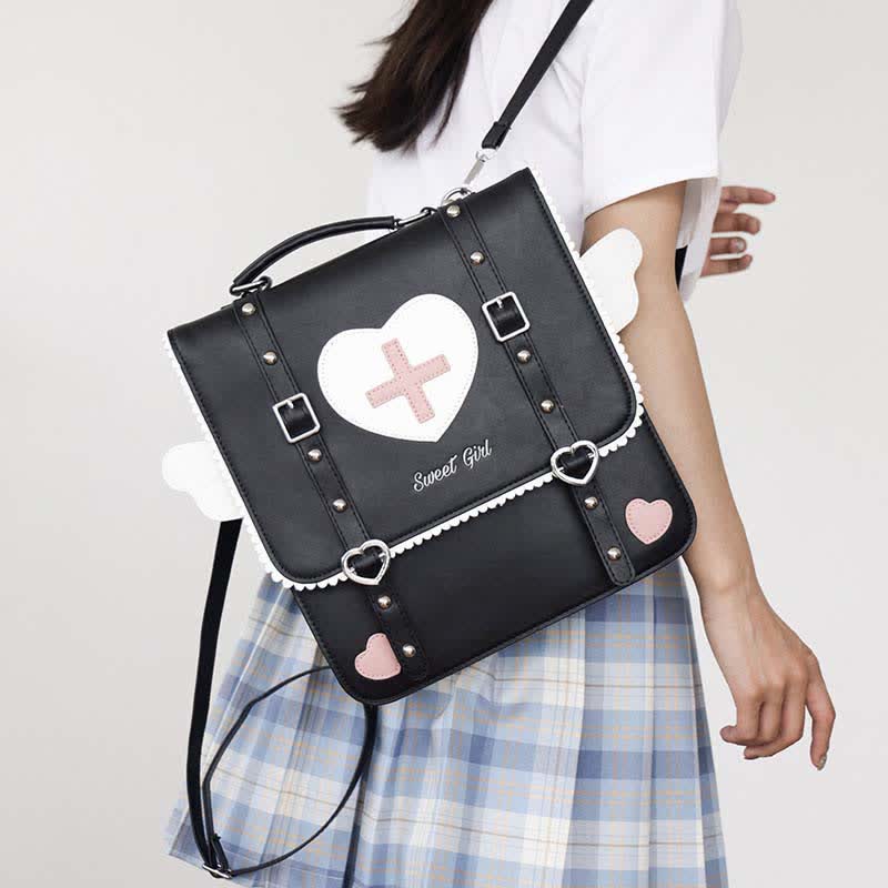 JK Love Heart Pattern Angel Wings Backpack modakawa