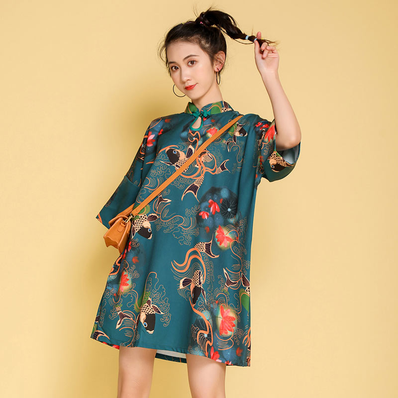 Vintage Floral Embroidery Short Sleeve Cheongsam Dress Modakawa