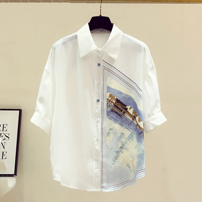 White Irregular Painting Print Chiffon Lapel Shirt modakawa