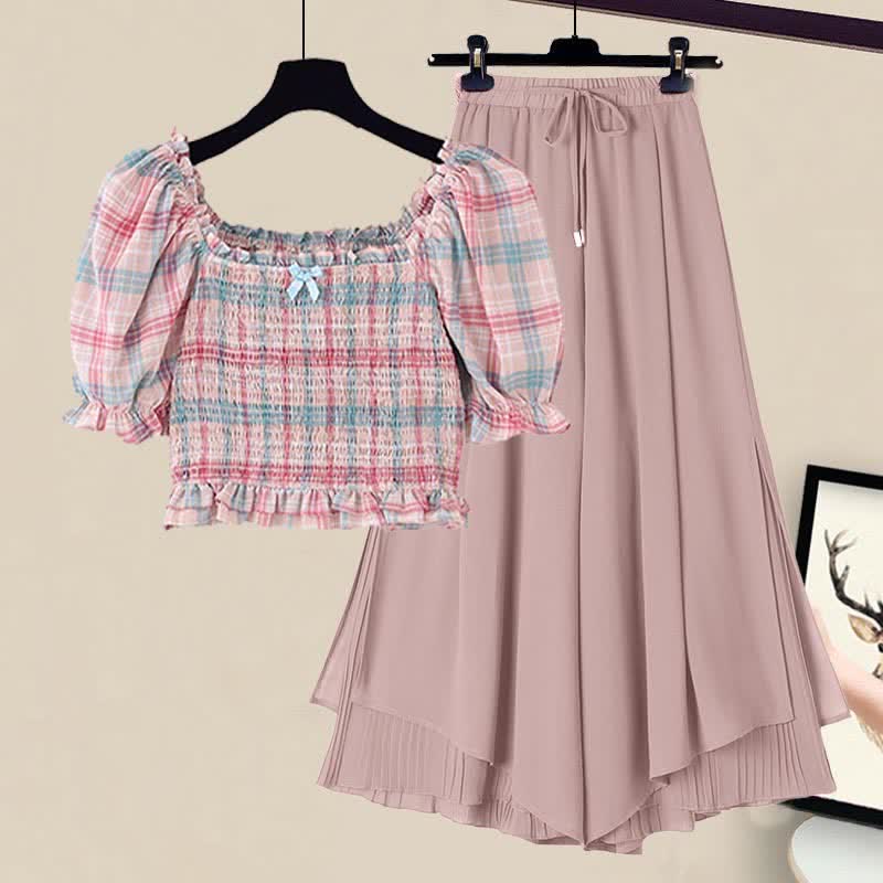 Sweet Pink Plaid Puff Sleeve Top T-Shirt Split Wide-leg Pants modakawa