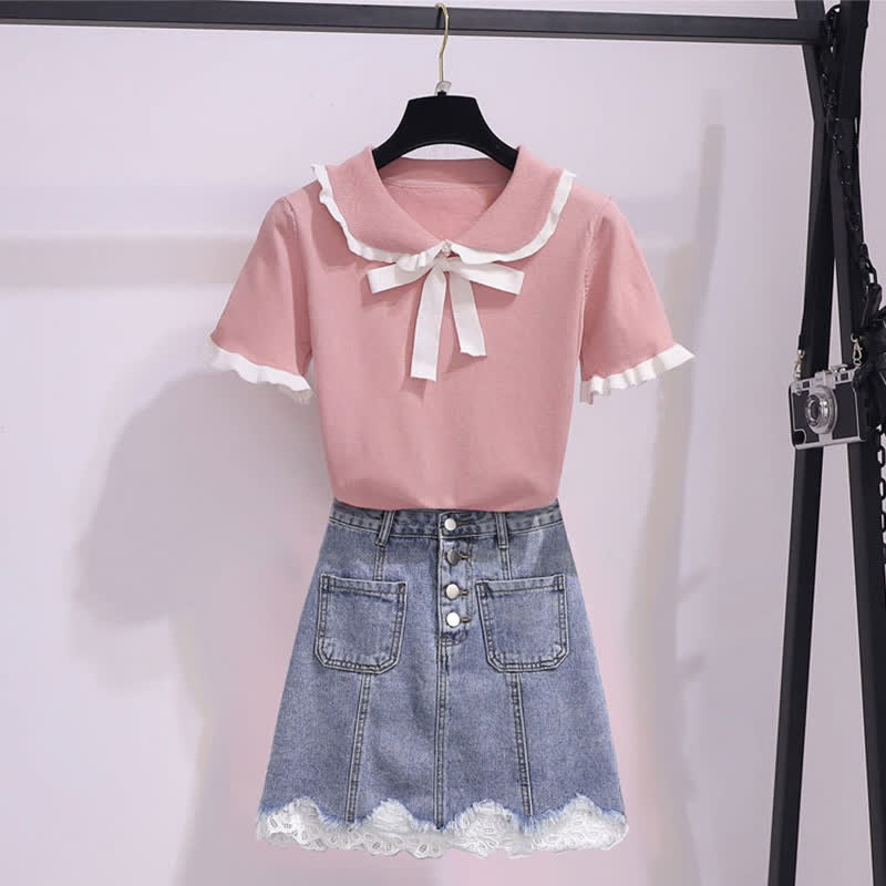 Bowknot Knitted T-Shirt High Waist Denim Skirt modakawa