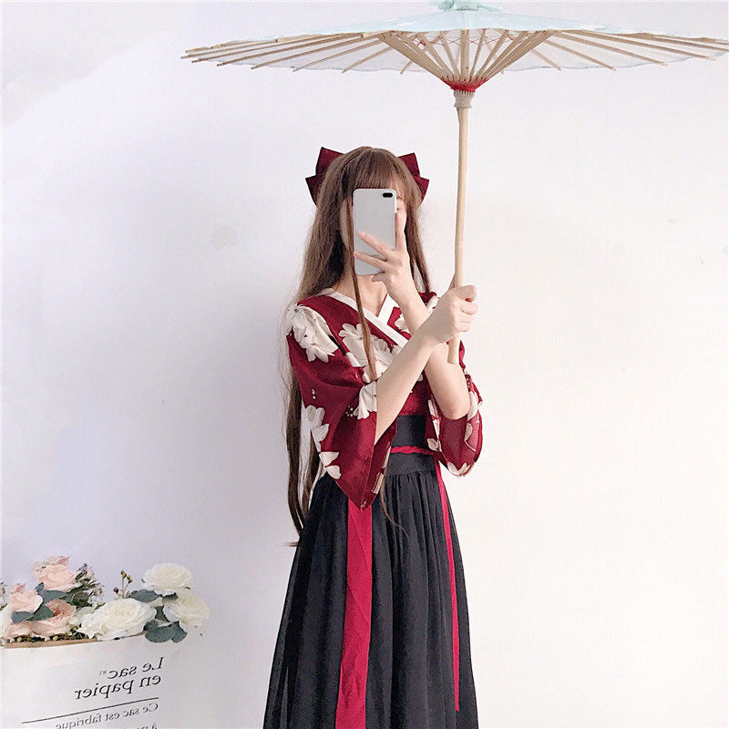 Floral Red Black Hanfu Costume Set Modakawa