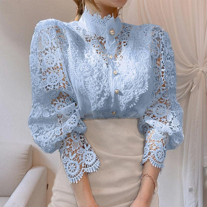 Elegant Pearl Hollow Out Lace Shirt Modakawa