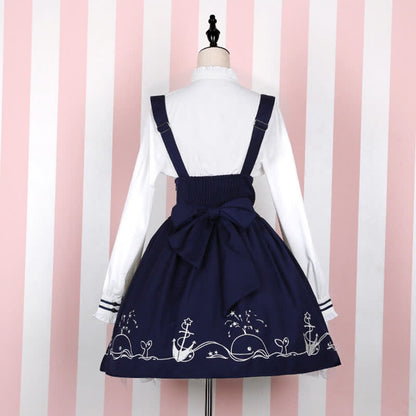 Sailor Collar Shirt Cartoon Dolphin Print Suspender Skirt modakawa