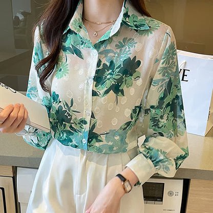 Green Floral Print Puff Sleeve Chiffon Shirt modakawa